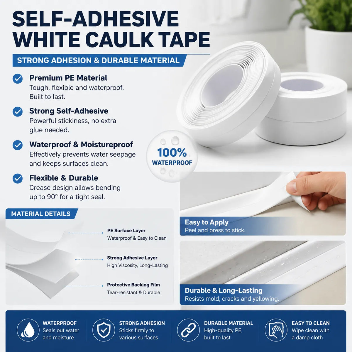 Waterproof & Adhesive Caulk Strip-Applicable to bathrooms and kitchens